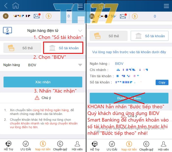 Hướng dẫn nạp tiền KUCASINO bằng App BIDV trên điện thoại